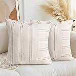AELS 20x20 Decorative Farmhouse Linen Throw Pillow Covers, Boho Textured Pillow Case, Set of 2, Beige with White & Gray Stitch Yarn Dyed Stripe Cushion Cover for Sofa Couch Living Room (Cover ONLY)