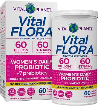 Vital Planet - Vital Flora Probiotics for Women 60 Billion CFU, Diverse Strains, Daily Shelf Stable Probiotic with Organic Prebiotics, for Vaginal Support, Immune and Digestive Health 60 Capsules