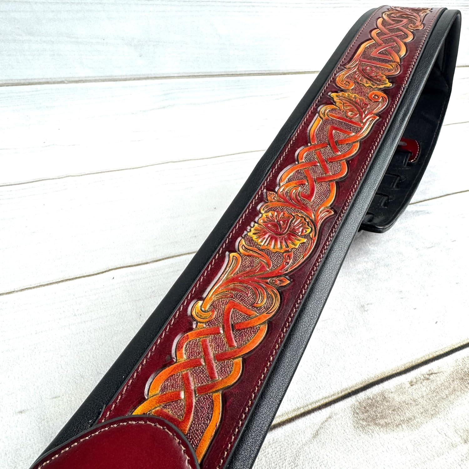 Walker And Williams KB-09 Whiskey Red Strap Body With Sunburst Celtic Knot Full Grain Carving Leather Padded Guitar Strap For Acoustic, Electric, And Bass Guitars