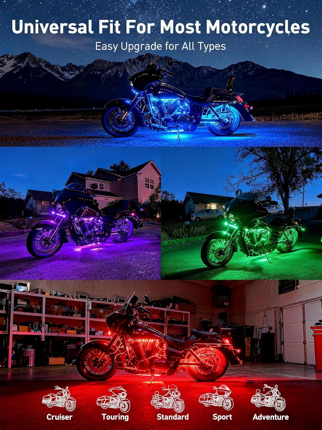 6PCS RGB Motorcycle LED Underglow Lights Kit with App Control Fits Harley Davidson Honda Kawasaki Suzuki