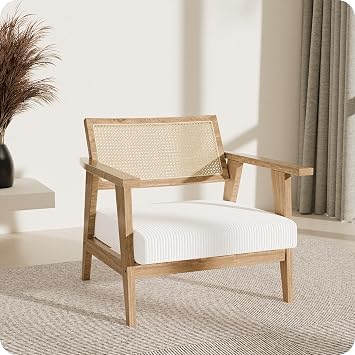 BELLEZE Mid Century Modern Rattan Chair Accent Natural Wood Armchair with Upholstered Seat and Cane Back, Boho Retro Lounge Chair for Living Room Bedroom Office