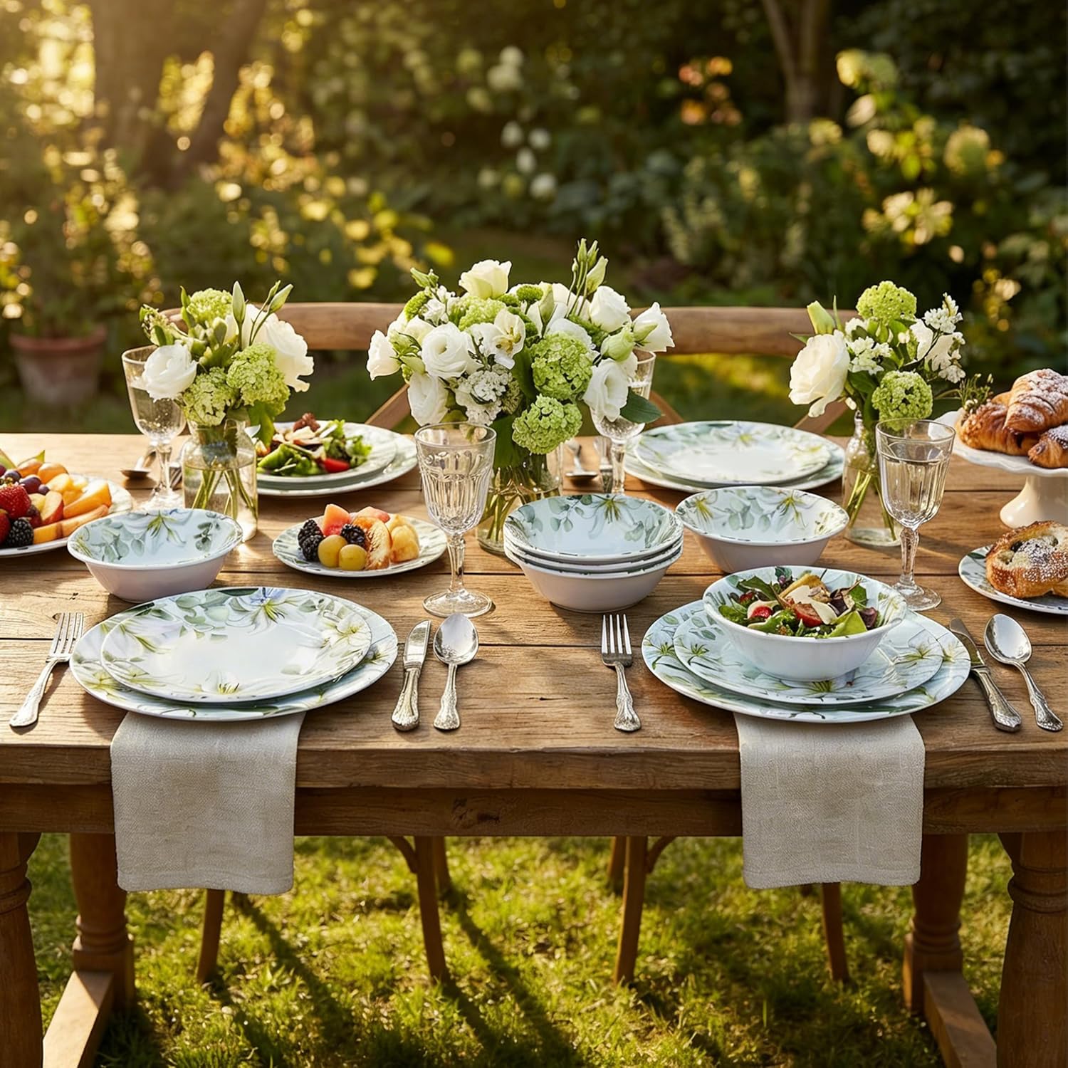 12-Piece Melamine Dinnerware Set - Shatterproof Plates and Bowls Sets for Everyday Dining,Elegant Lily Pattern Dish Set, Outdoor Picnics and RV Camping Green & White
