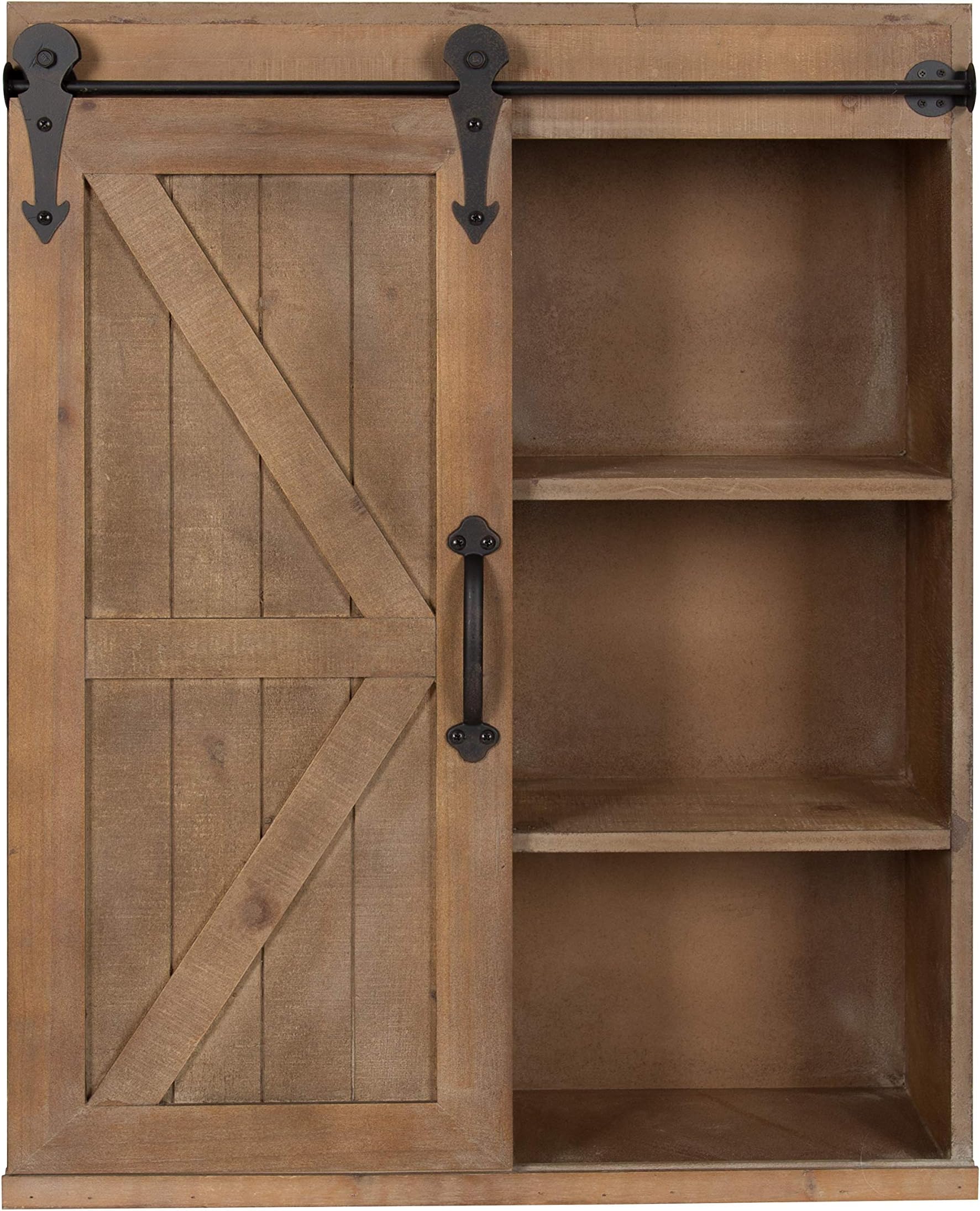 Kate and Laurel Cates Wood Wall Storage Cabinet with Sliding Barn Door; 22 x 9 x 28; Rustic Brown; Decorative Farmhouse Over the Toilet Cabinet with Three Shelves for Bathroom or Kitchen Storage