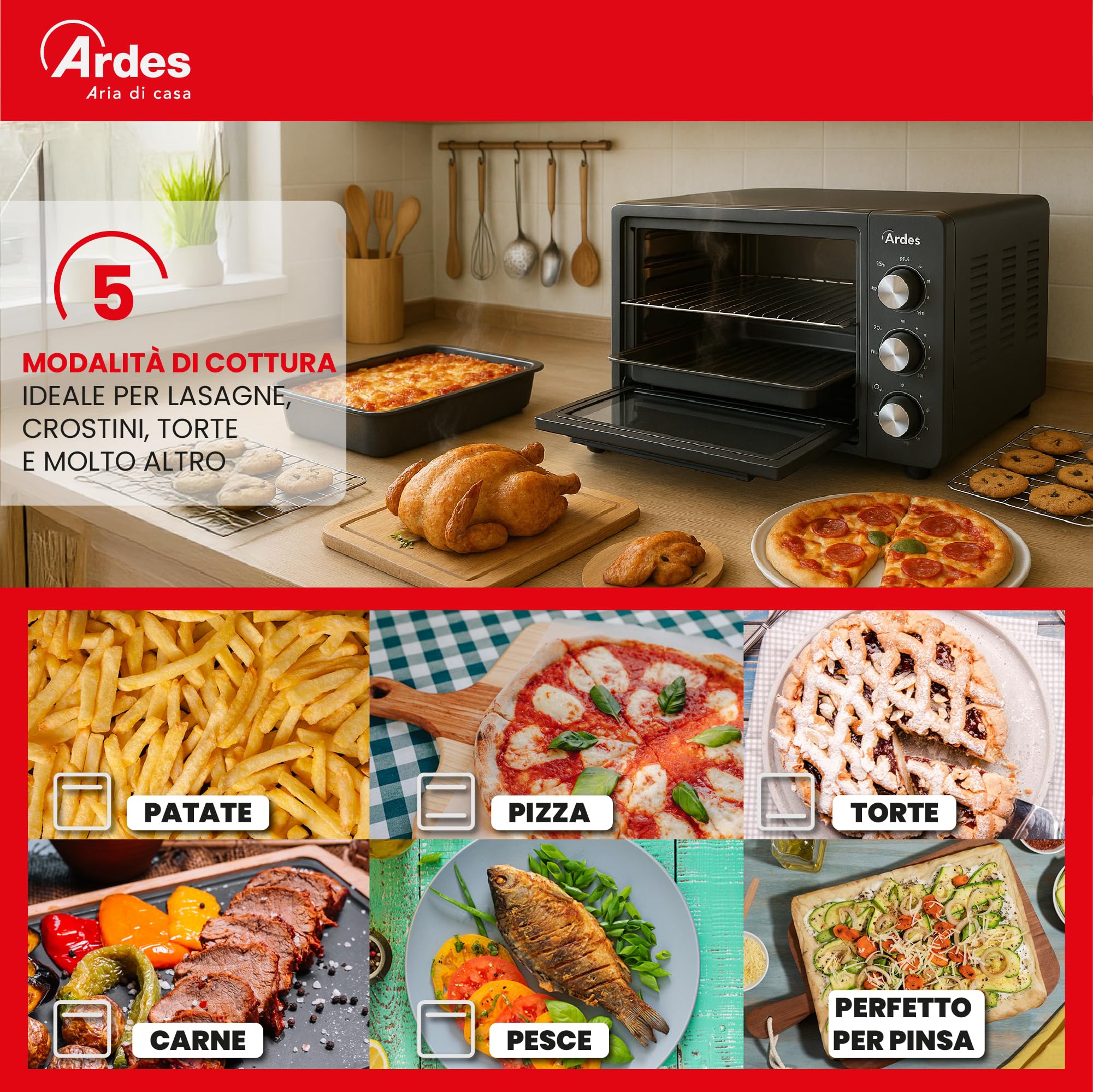 Ardes KRATOS 37L Forno Elettrico Ventilato 37 Litri con 5 Modalità di Cottura, Termostato 40-280°C, Timer 90 Minuti, Luce Interna e Doppio Vetro