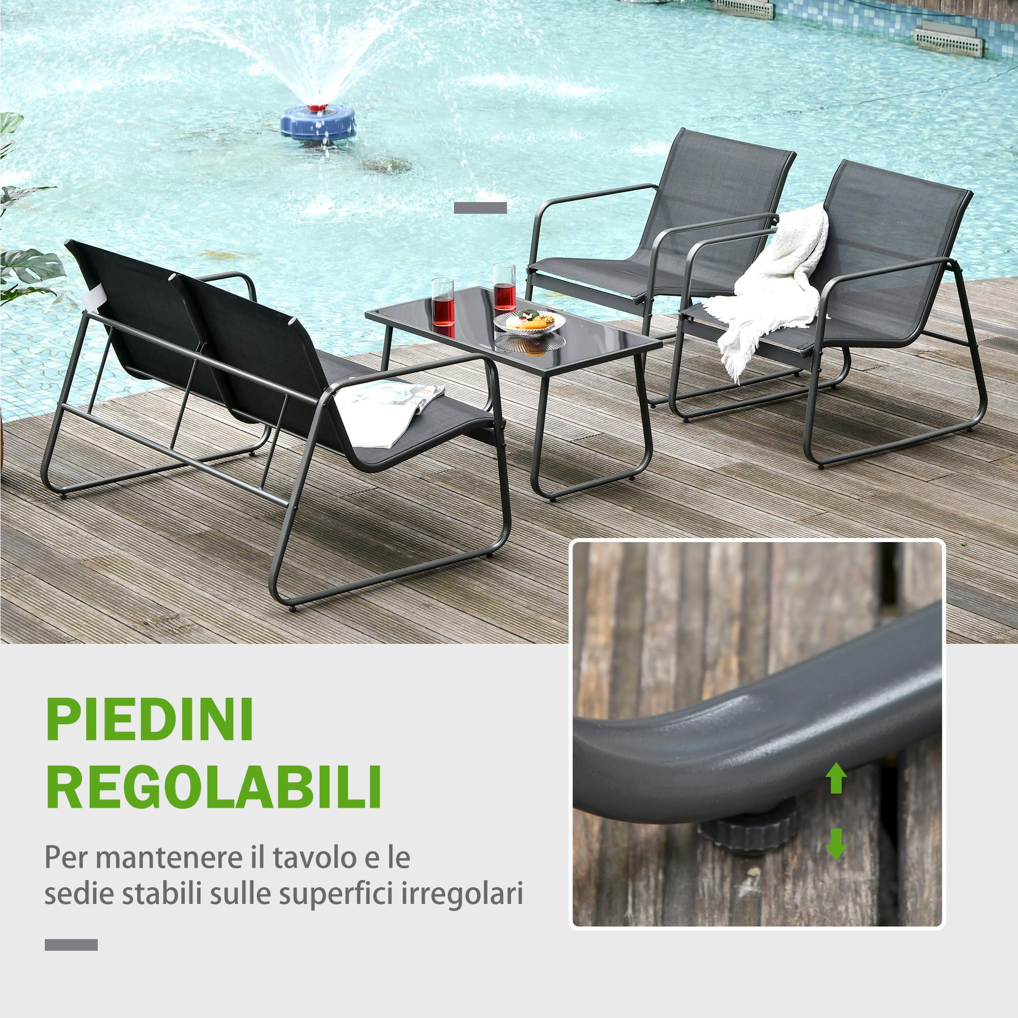 Outsunny Set Salotto da Giardino 4 Pezzi, Divanetto 2 Posti, Sedie, Tavolino Vetro Temperato, Metallo e Texteline, Nero