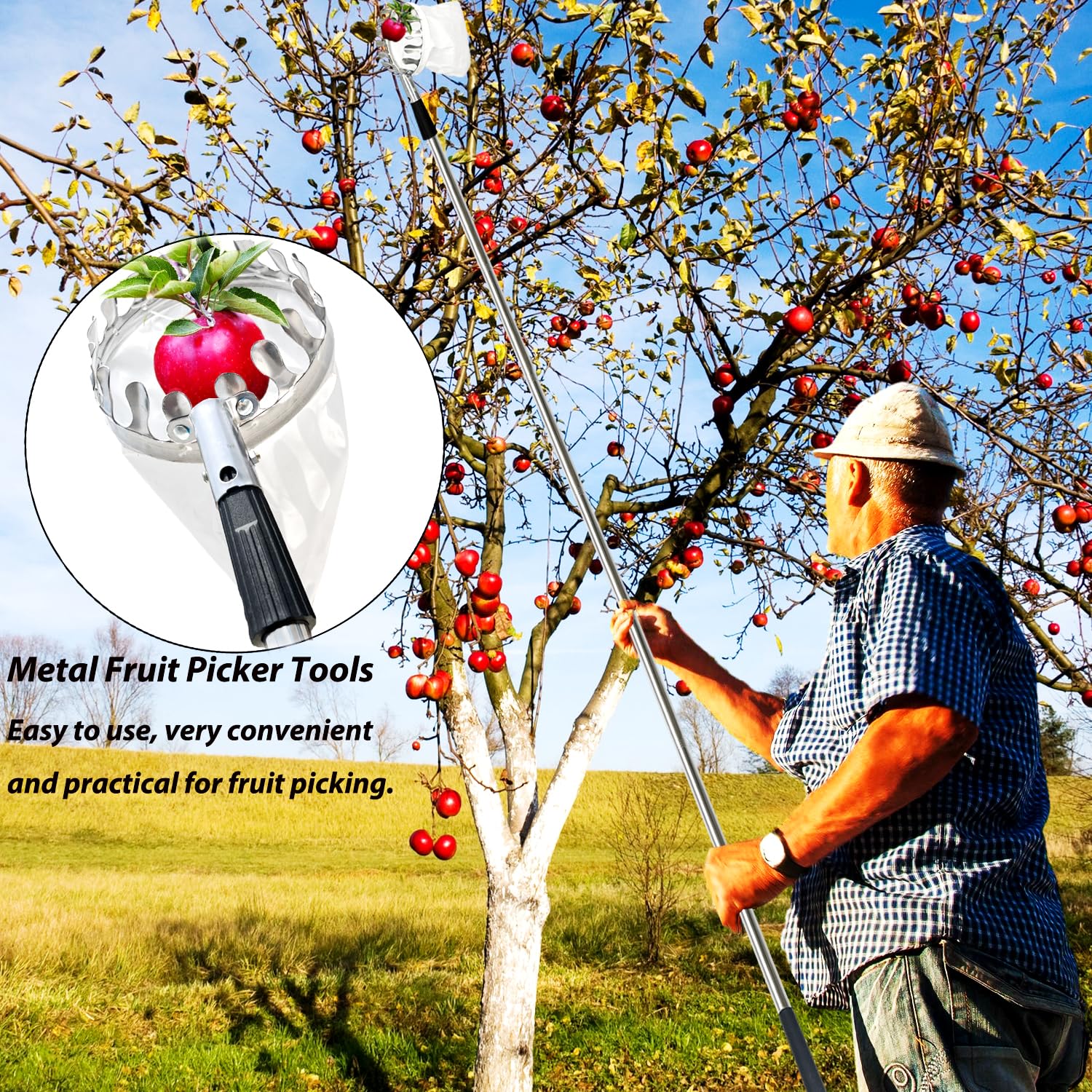 Obstpflücker mit Teleskopstiel,Jusduit 3.2M Apfelpflücker Obstpflücker mit Stoffbeutel,Obstgreifer Einfach zu Montieren,Kirschpflücker,Obstsammler für Ernteernte Apfel Orangen Pfirsichbirne Kirschen