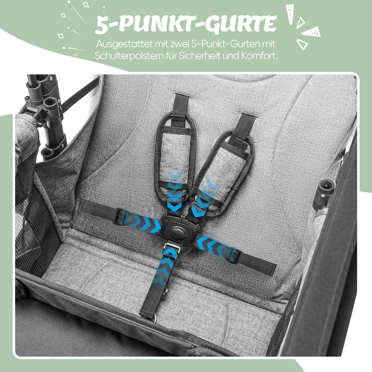 Carrello pieghevole con tetto, carrello di alta qualità per 2 bambini, passeggino doppio con tetto, vassoio snack, cintura a 5 punti, ruote in poliuretano per fuoristrada, carrello
