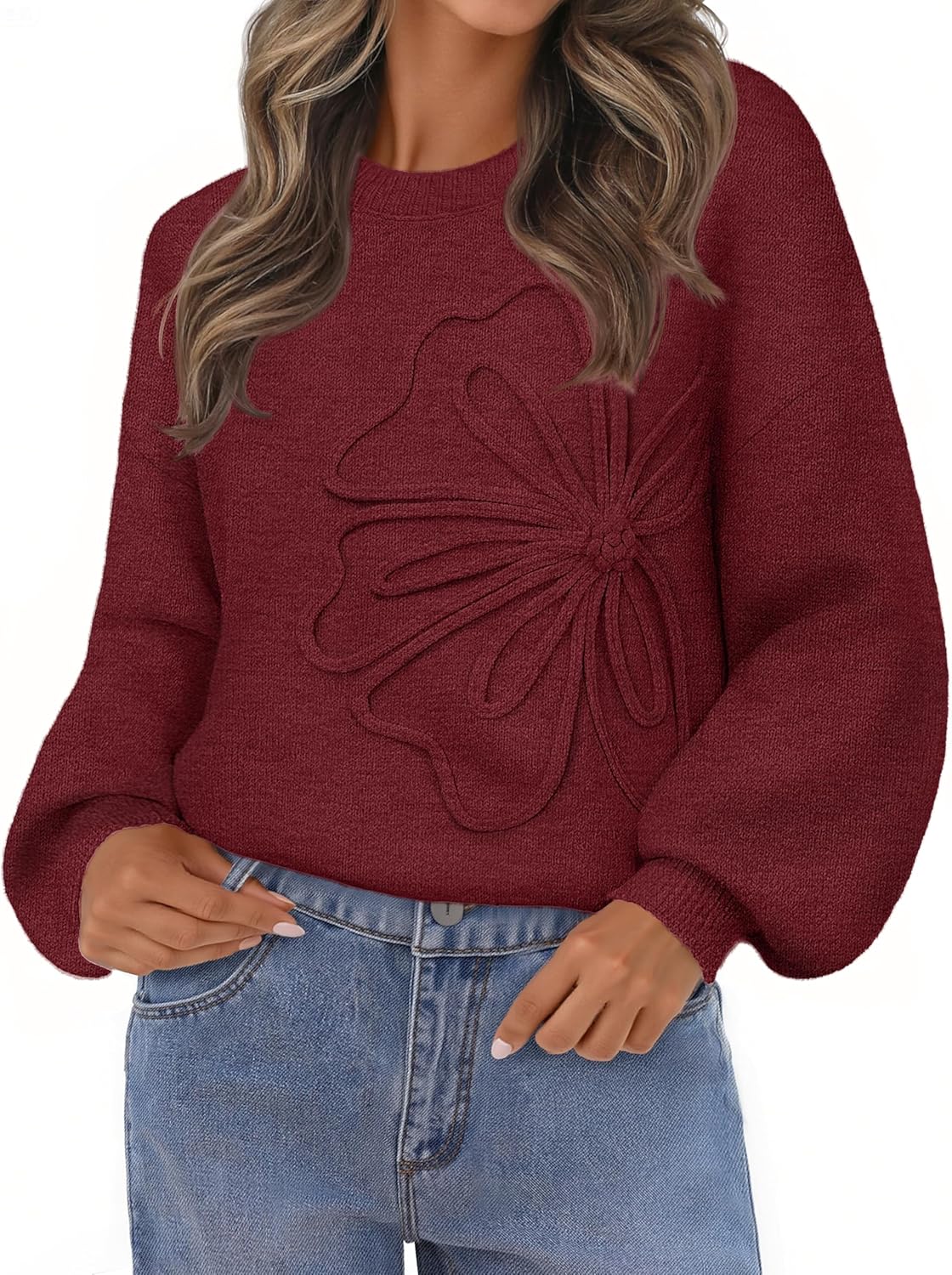 MEROKEETY Women's Winter Floral Sweater Crew Neck Lantern Sleeve 2025 Fall Trendy Warm Chunky Oversized Pullover Tops