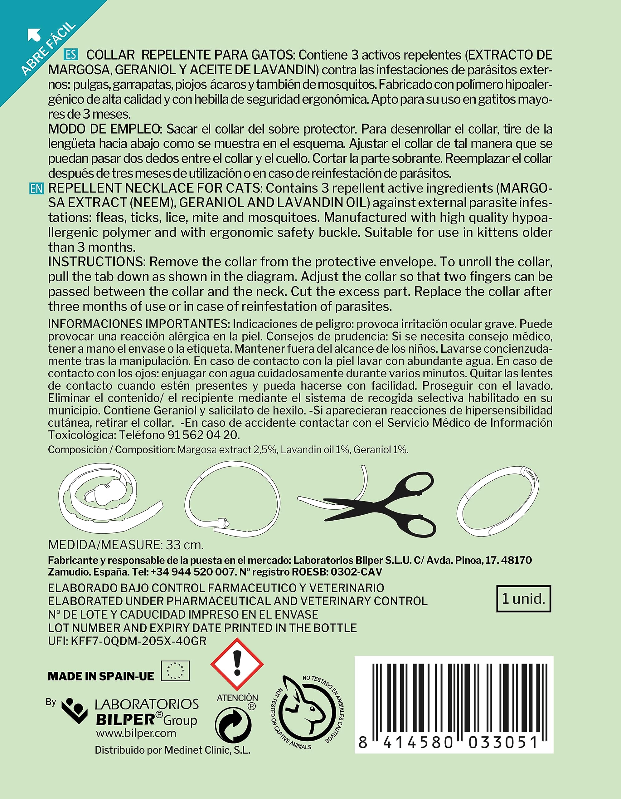 Collar Anti-Insectos para Gatos - Activos Naturales - Geraniol, Margosa, Lavandino - 33 cm Ajustable - Resistente al Agua -