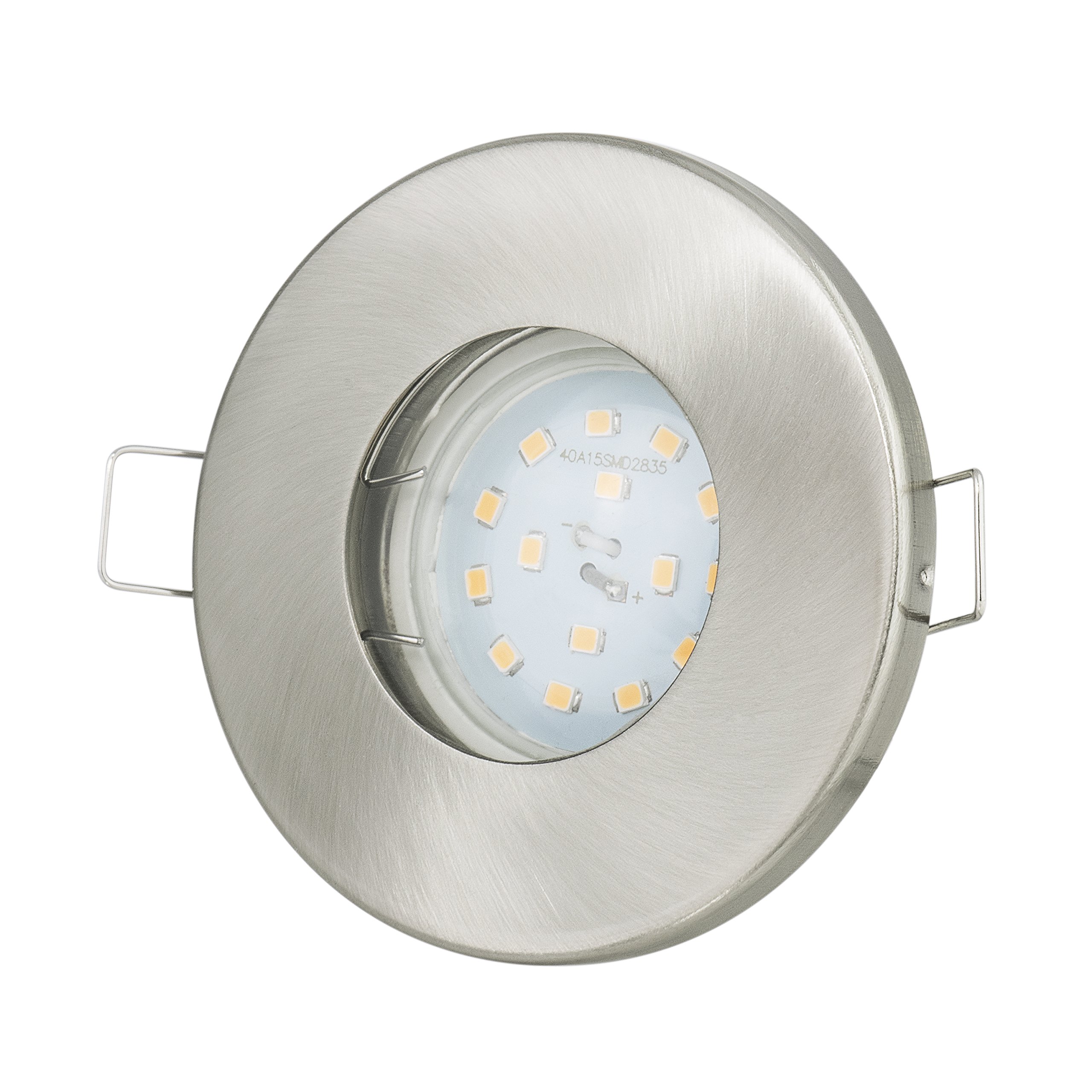 JungesLicht 10er Set Einbaustrahler IP65 Optik: Edelstahl gebürstet GU10 5Watt LED Leuchtmittel 3000Kelvin warm-weiß 420Lumen = 40W Lichtleistung, Leuchtmittel austauschbar, für 55-68mm Bohrlöcher
