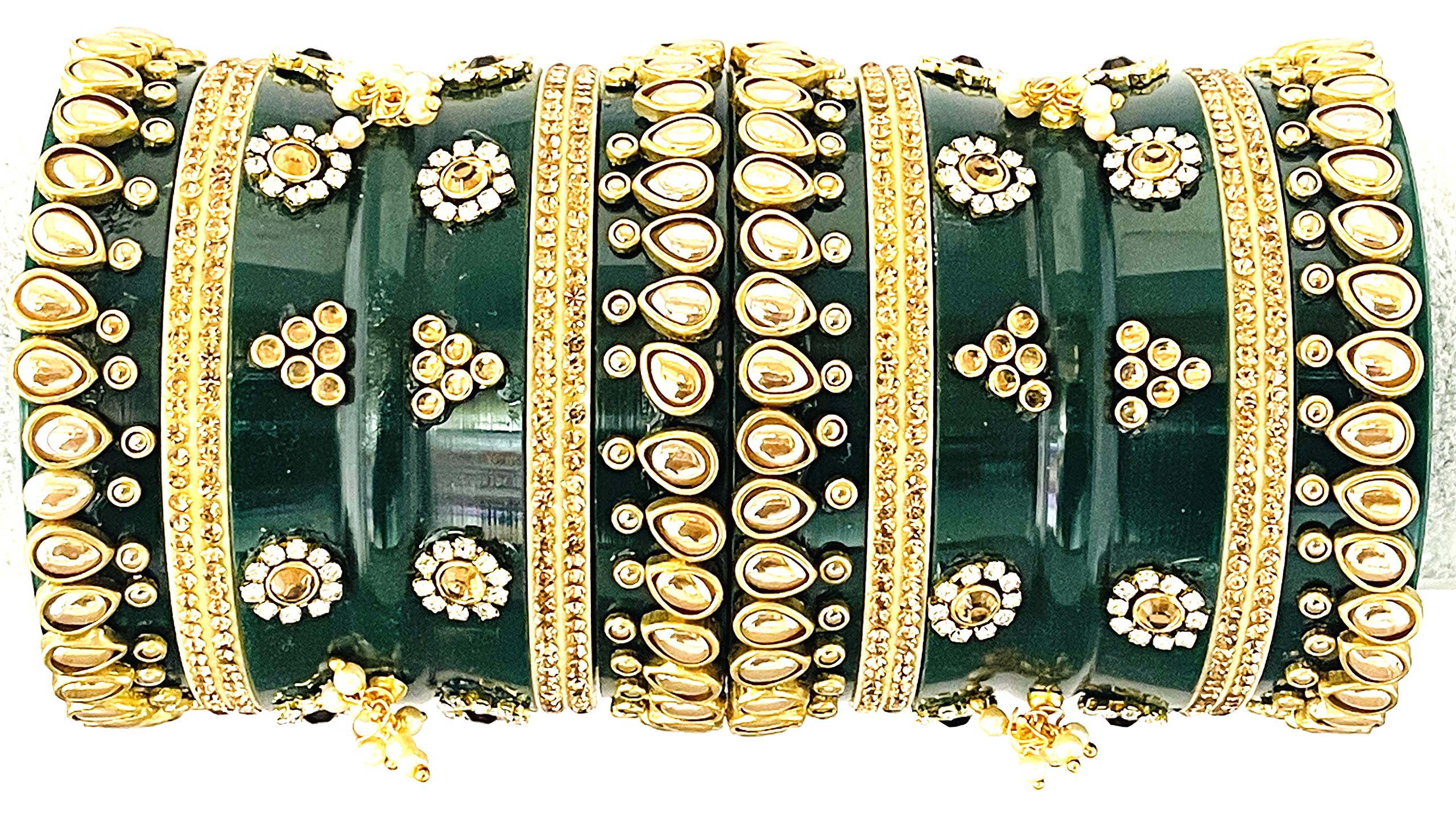 THE OPAL FACTORY TOF Bridal Jewellery Bangles Set Gold Plated Punjabi Chuda Set for Wedding with Kundan Minakari and Stone work for Women and Girls (Green, 2.40)