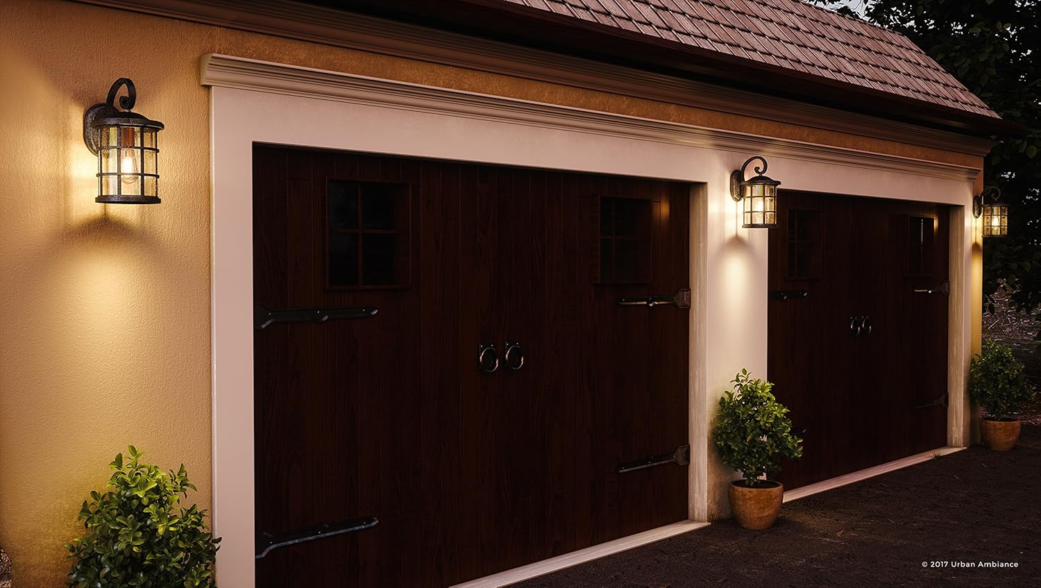Urban Ambiance Luxury Craftsman Outdoor Wall Light, Medium Size: 17.75" H x 10" W, with Tudor Style Elements, Wrought Iron Design, Natural Black Finish and Seeded Glass, UQL1044