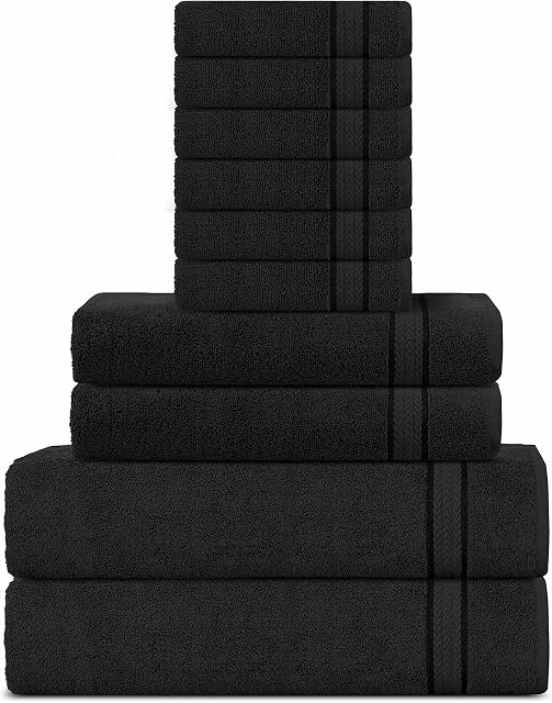 Sweet Needle Super Soft 600 GSM Cotton Towels Set, Black - 2 Bath Towel, 2 Hand and 6 Wash/Face - Double Pile, Absorbent & fluffy for Bathroom accessories, Shower & Daily Use (10 Pieces Bales)