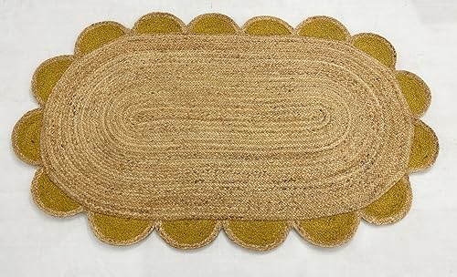 Miniatura 2 de ARTS OF JAIPUR Collection - Alfombra de pasillo de 2.6 x 4 pies, hecha a mano india, de yute natural, alfombra trenzada con festoneada amarilla,