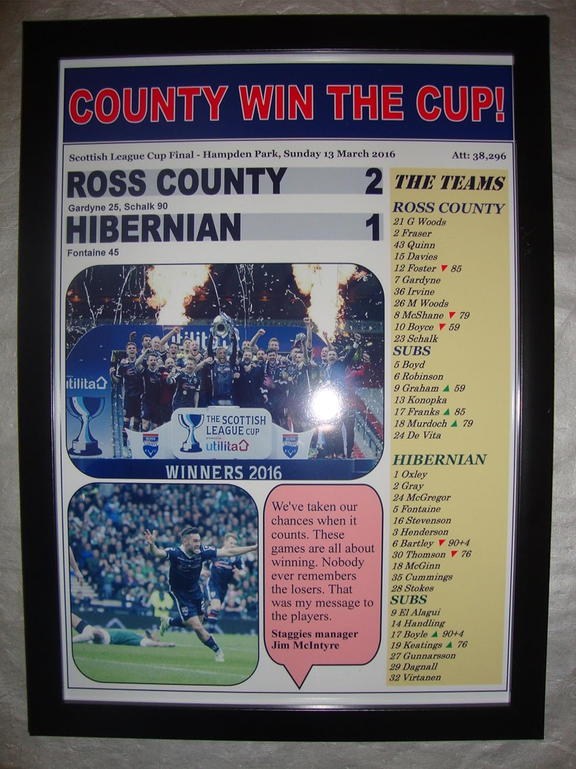 Lilywhite Multimedia Ross County 2 Hibernian 1 - 2016 Scottish League Cup final - framed print