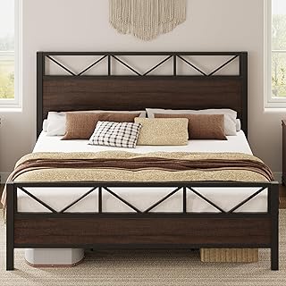 LIKIMIO California King Bed Frame, Tall Industrial Headboard 51.1 ", Platform Bed Frame with Strong Metal Support, Solid and Stable, Noise Free, No Box Spring Needed, Easy Assembly, Dark Brown