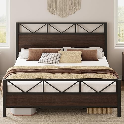 LIKIMIO California King Bed Frame, Tall Industrial Headboard 51.1 ", Platform Bed Frame with Strong Metal Support, Solid and Stable, Noise Free, No Box Spring Needed, Easy Assembly, Dark Brown