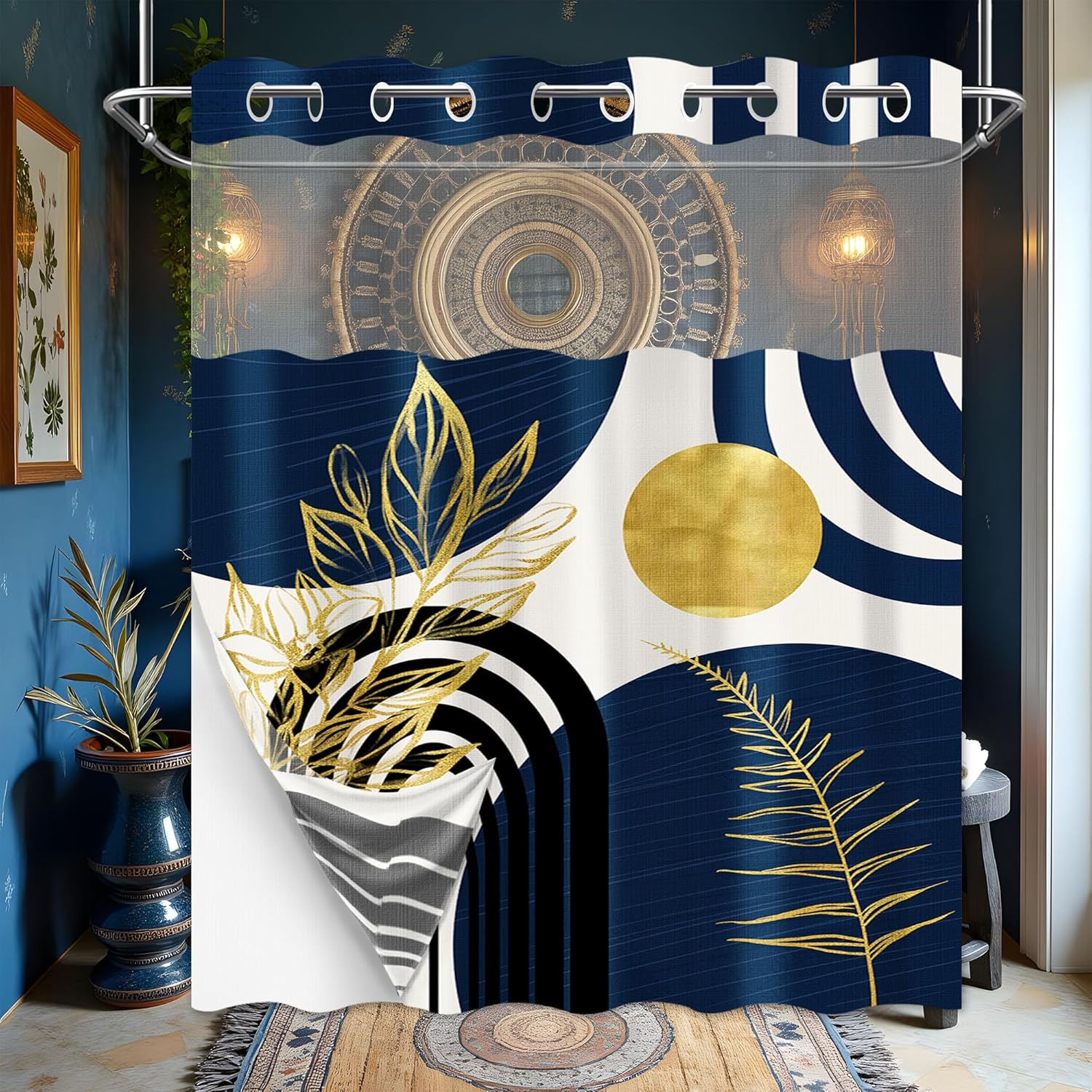 Boho Mid Century Modern Hookless Shower Curtain with Snap in Liner, Navy Blue and Gold No Hook Double Layer Shower Curtains and Liner Set, Waterproof Cloth Fabric, 71" W X 86" L