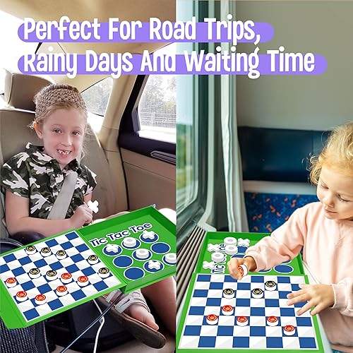 Miniatura 6 de Juego de damas 2 en 1, tablero de juego magnético - Damas y Tic-Tac-Toe, juego de viaje de espuma gruesa con 59 calcomanías de recompensa para niños