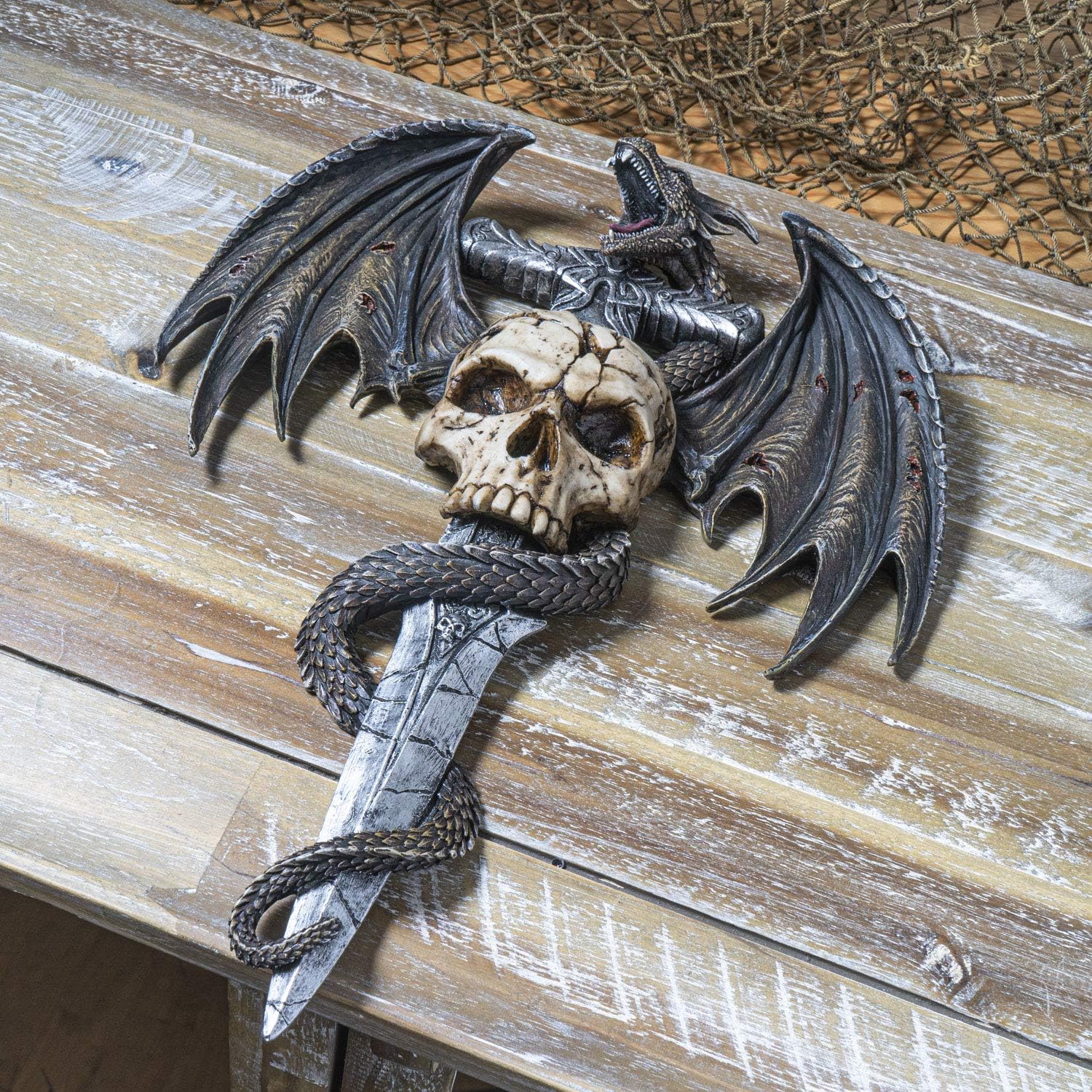 SUMMIT COLLECTION Spiral Draco Dragon Skull Dagger Fantasy Gothic Decorative Wall Sculpture 14 Inches