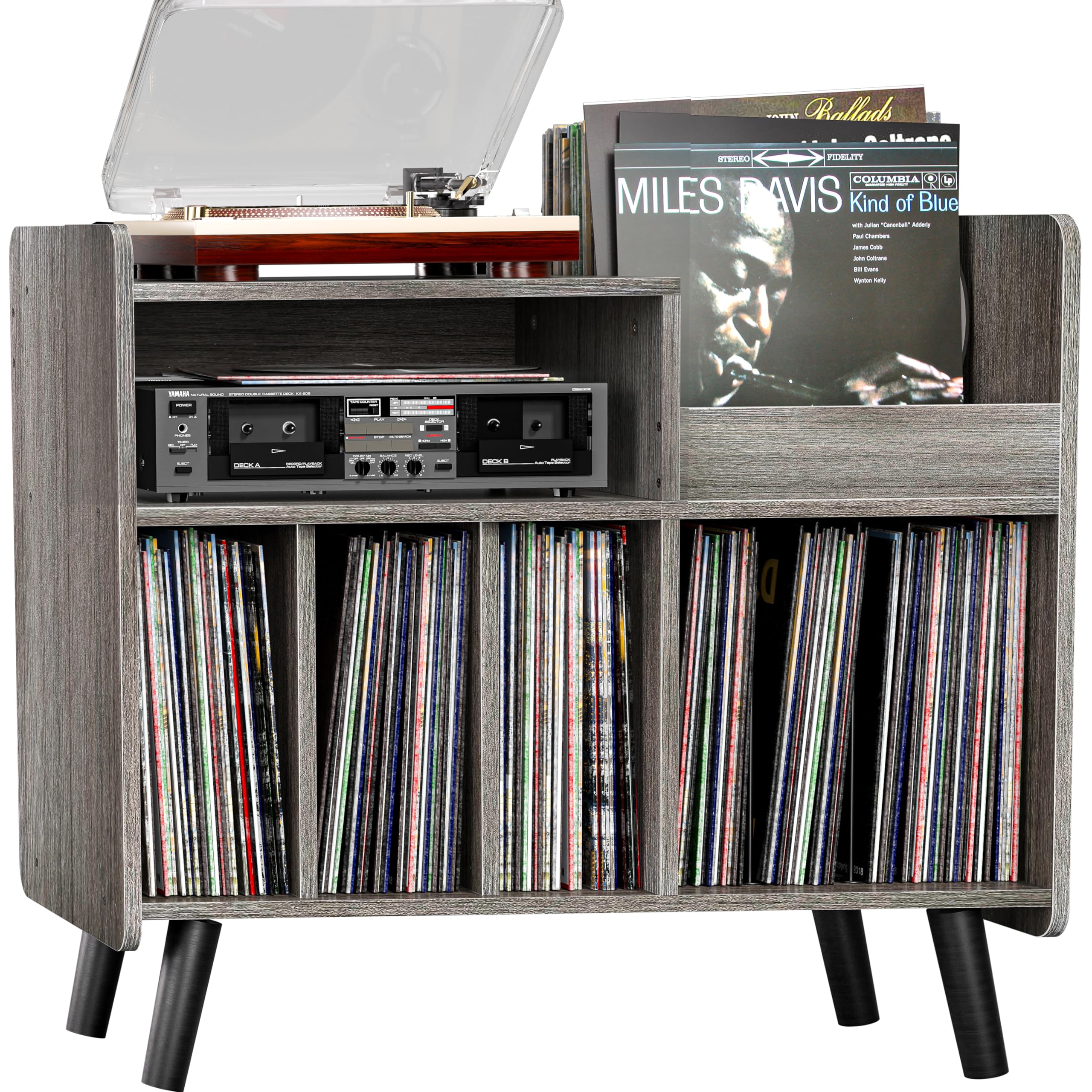 UODERS Record Player Stand, Large Record Player Table Cabinet with Open Vinyl Storage and Display Shelf Holds up to 350 Albums, Mid Century Wood Turntable for Living Room, Bedroom, (Grey)