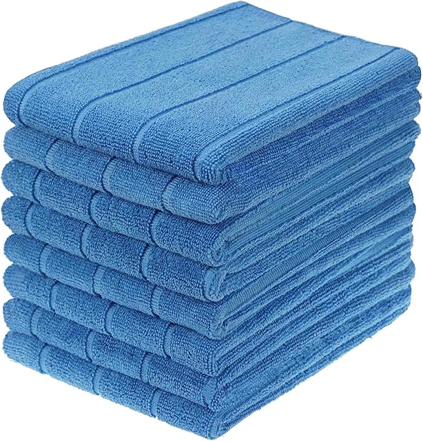 gryeer Microfibre Tea Towels, Super Absorbent, Extra Large and Thick Kitchen Towels, Stripe Designed, 50 x 70 cm, Pack of 8, Blue