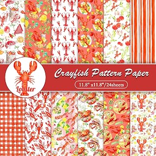 Konsait 24 Sheets Double Sided Crawfish Scrapbook Paper 12x12, Summer Crawfish Decor Patterned Paper Craft Decorative Cardstock for Card Making Scrapbook Supplies