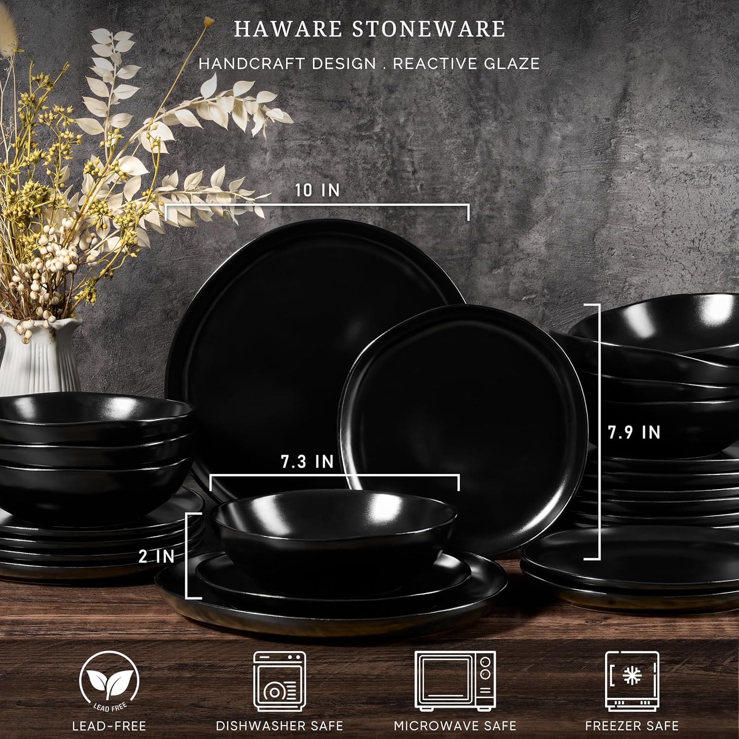 HaWare Dinnerware Sets, 12-Piece Stoneware Plates and Bowls Set, Dish Set for 4, Ceramic Dishware for Home Restaurant, Chip and Scratch Resistant, Microwave and Dishwasher Safe, Matte Black - Image 2