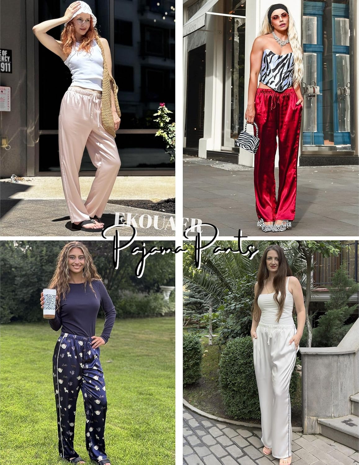 Ekouaer Womens Silk Satin Pajama Pants Soft Comfy Loose Pj Pants Drawstring Elastic Waist Wide Leg Lounge Bottom with Pockets - Image 5