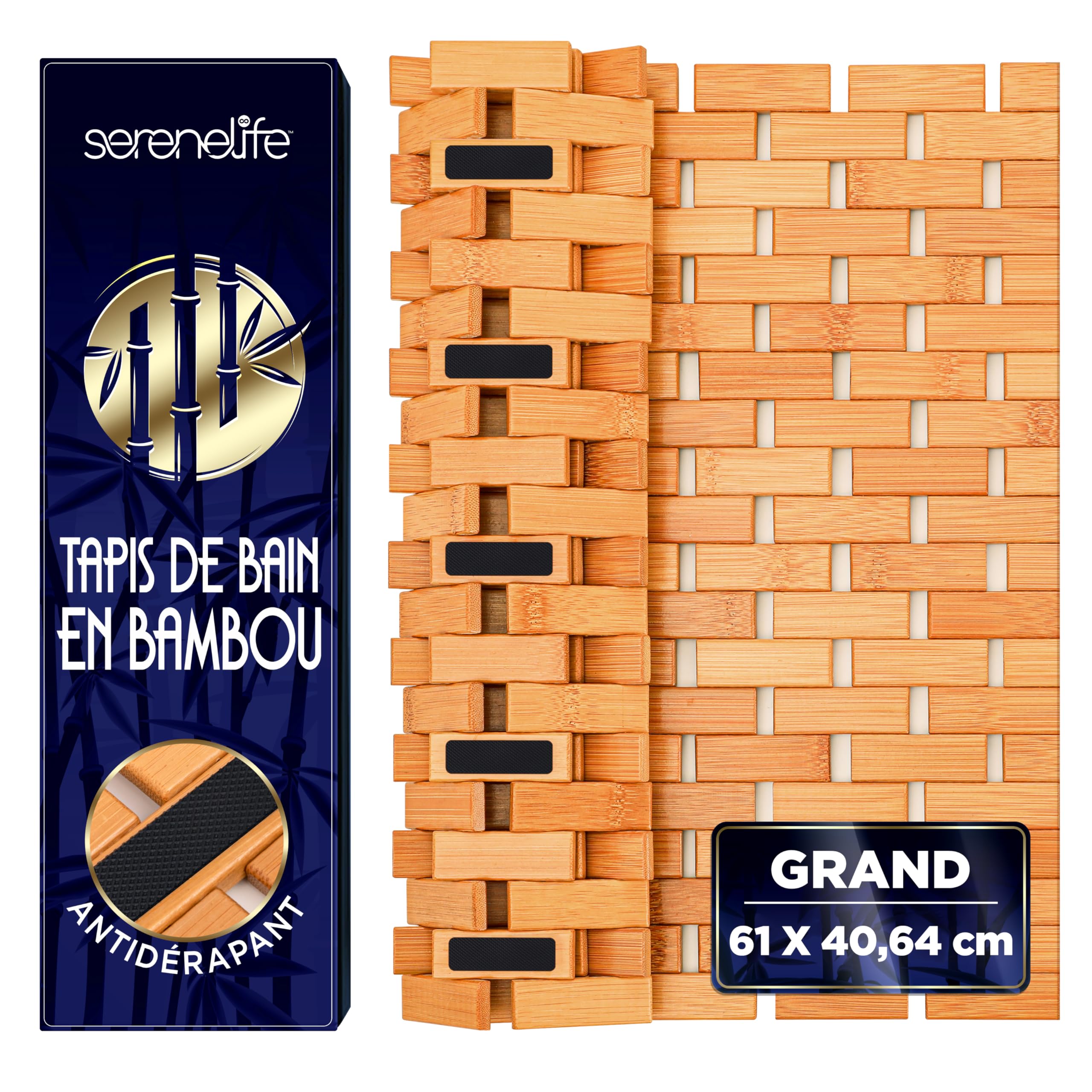 SereneLife Tapis de Bain et de Douche en Bambou Naturel – Tapis de Sol Antidérapant à Lattes avec Finition Naturelle, Surface à Grips Renforcés, Enroulable et Facile à Nettoyer