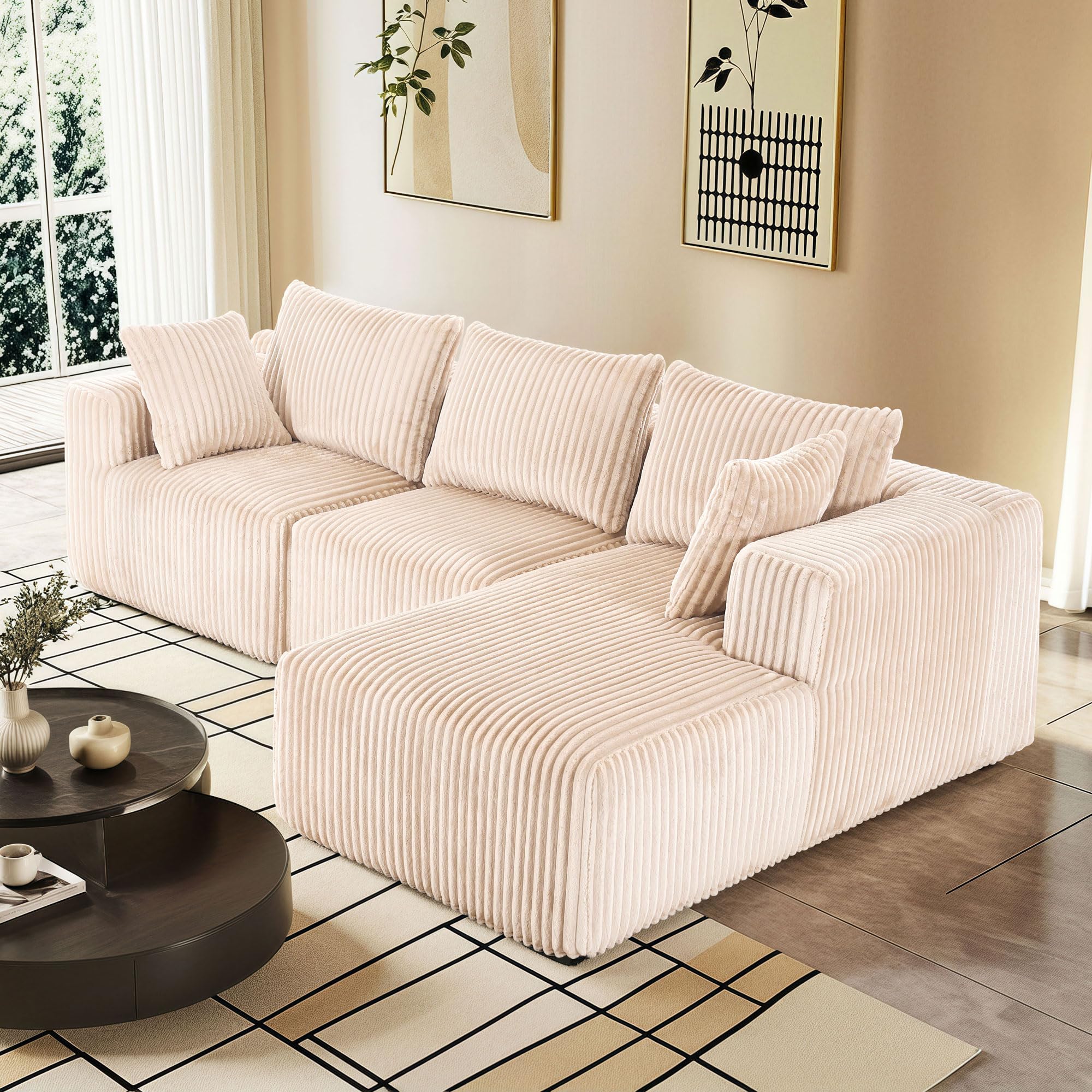 Cloud Modular Sofa Couch with L-Shape Chaise,Modern Sectional with Deep Seat, Upholstered Couches for Living Room Bedroom,No Assembly Required, Plush Corduroy Fabric 102"(Beige)