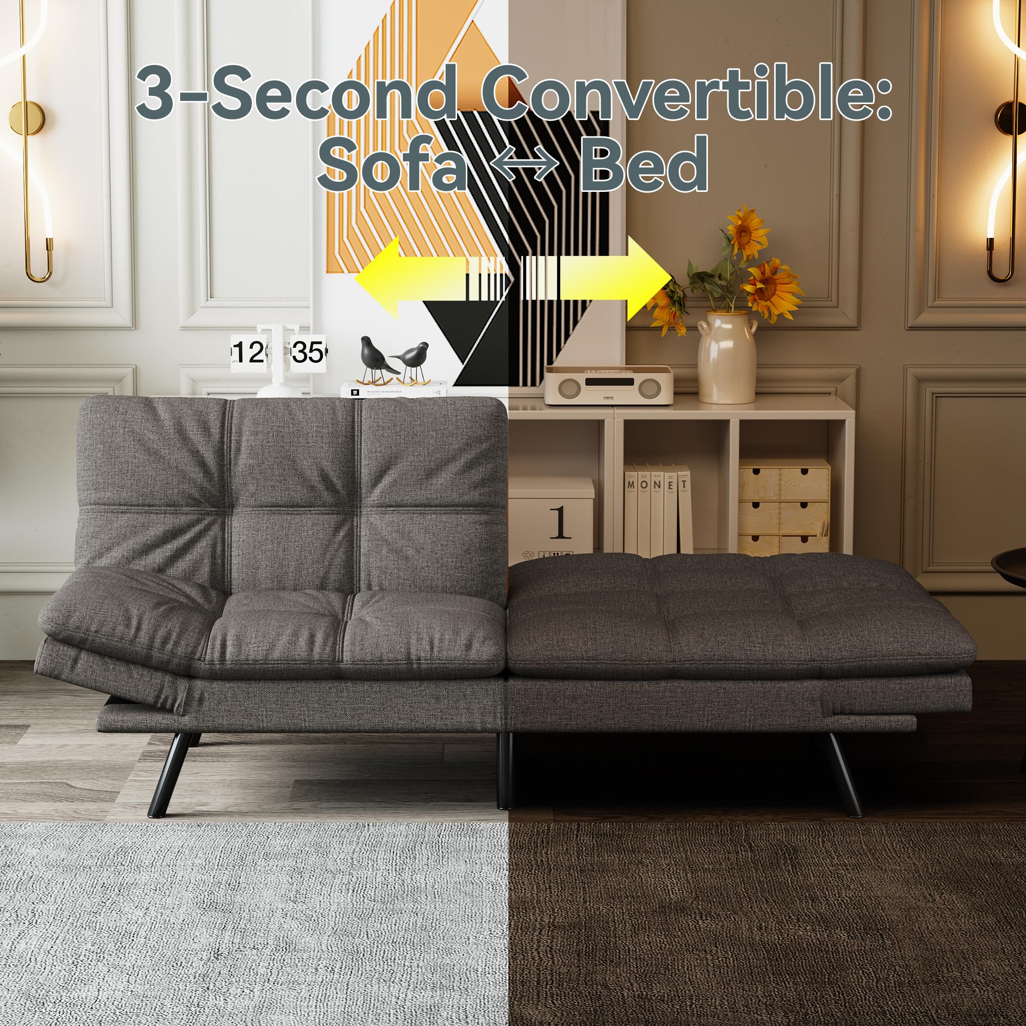 Futon Sofa Bed Convertible Couch, Grey Linen Sofa Bed with Memory Foam, Adjustable Backrest & Armrests, Multifunctional Small Loveseat Sleeper Sofa for Living Room, Apartment, Office
