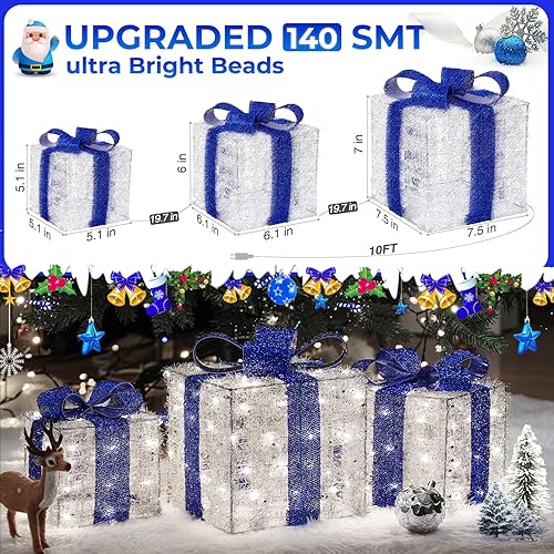 Miniatura 2 de Decoraciones de Navidad Azules, Cajas de Regalo Iluminadas de Navidad 140 LEDs Regalos Luminosos Decoración Navideña, 8 Modos y Función de Azul -