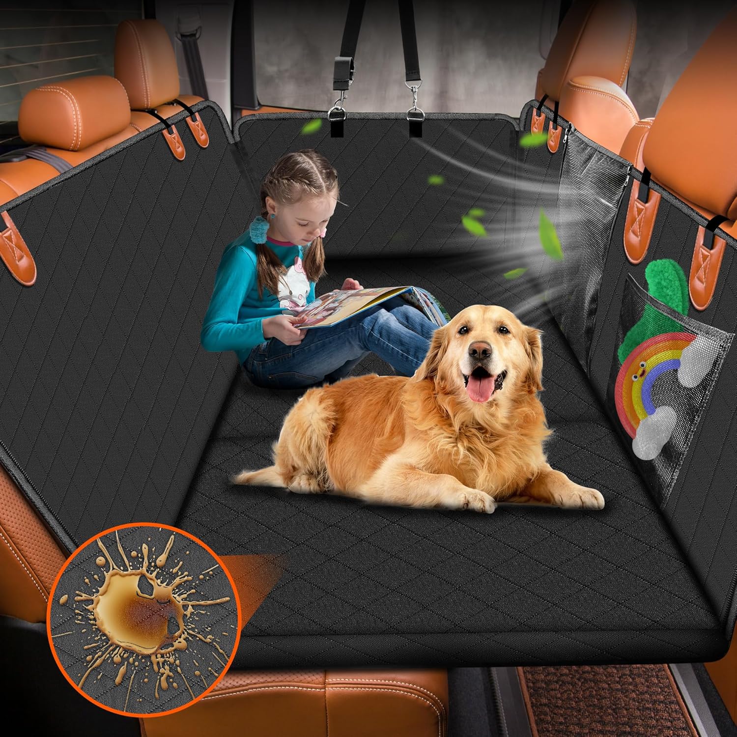 Truck Dog Seat Cover Back Seat Extender Hammock with Hard Bottom, Holds 400lbs, Waterproof, Black, Polyester, Universal Fit, Automotive Pet Seat Covers with Hard Bottom