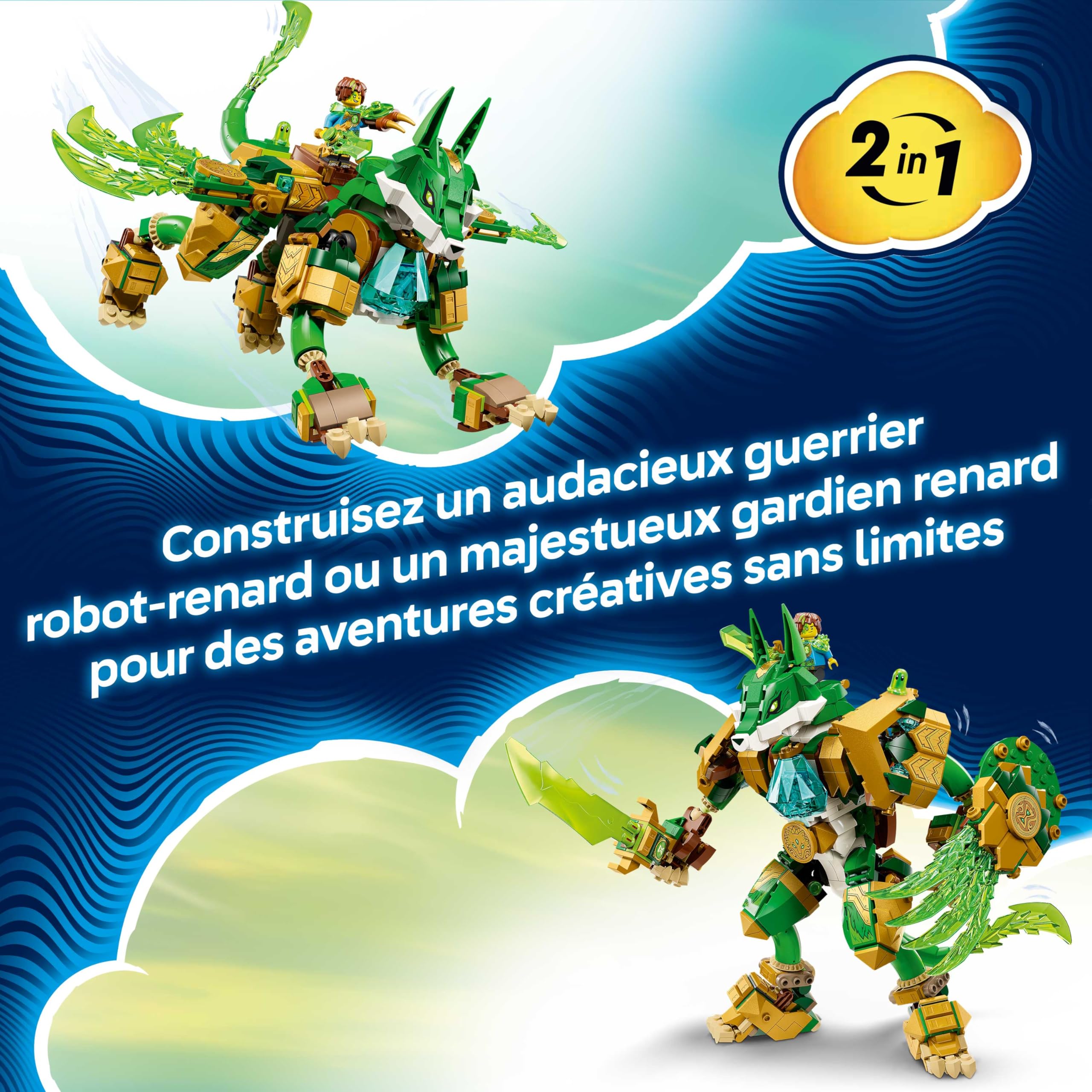 LEGO DREAMZzz 2-en-1 Le Gardien Robot-Renard - Jouet Figurine se Transformant en Guerrier Robot-Renard - 3 Minifigurines & 1 Cristo-Créature Verte Collector - Cadeau pour Garçon dès 9 Ans 71508