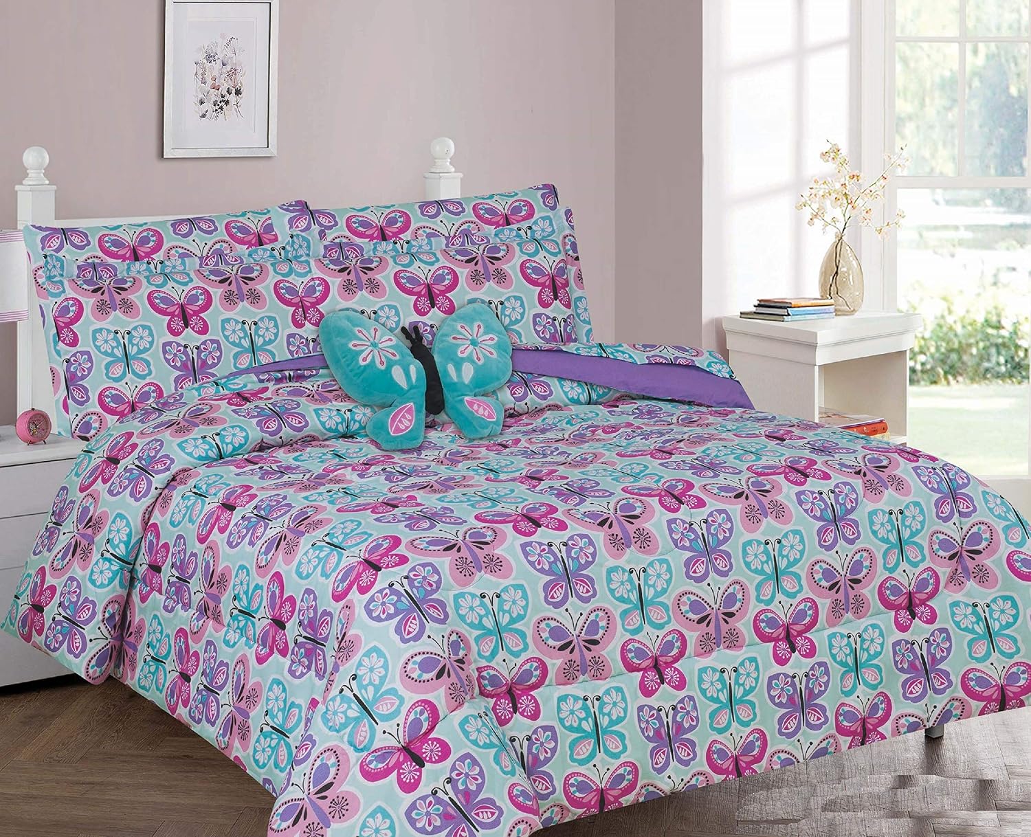 6 Piece Twin Size Girls Comforter Set Bed in Bag w/Sham, Sheet Set & Decorative Toy Pillow, Butterfly Pink Lavender Turquoise Blue Girls Comforter Bedding Set w/Sheets, Twin 6pc Butterfly B