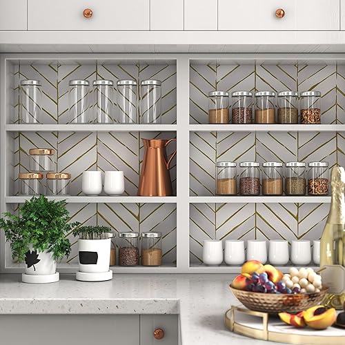 Miniatura 4 de Papel tapiz dorado y gris claro, papel de contacto geométrico moderno de 17.3 x 78.7 pulgadas, papel tapiz de espiga extraíble, papel de contacto a