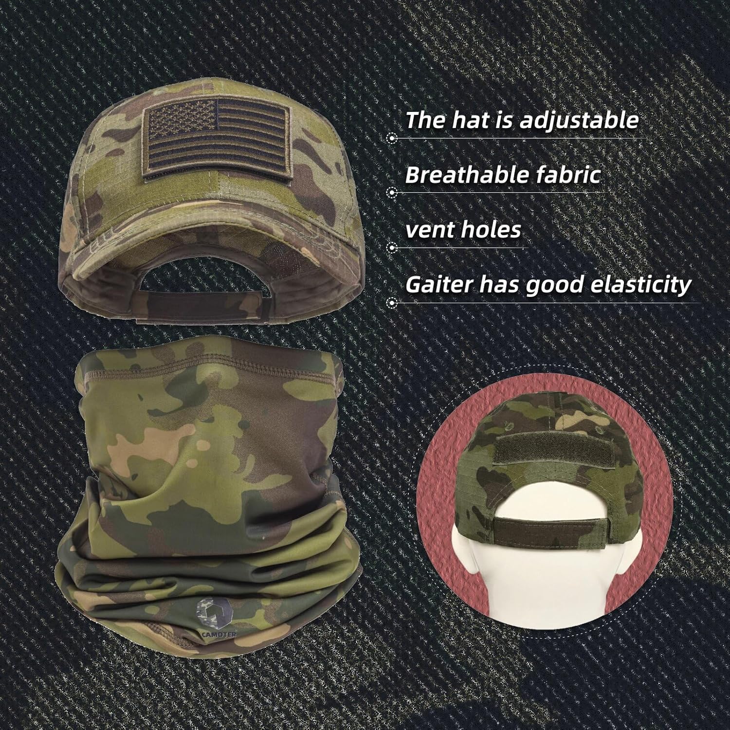 Camo Hat Baseball Cap Camo Face Mask Neck Gaiter with American Flag Patch for Men/Women Outdoors Tactical Military - Image 2