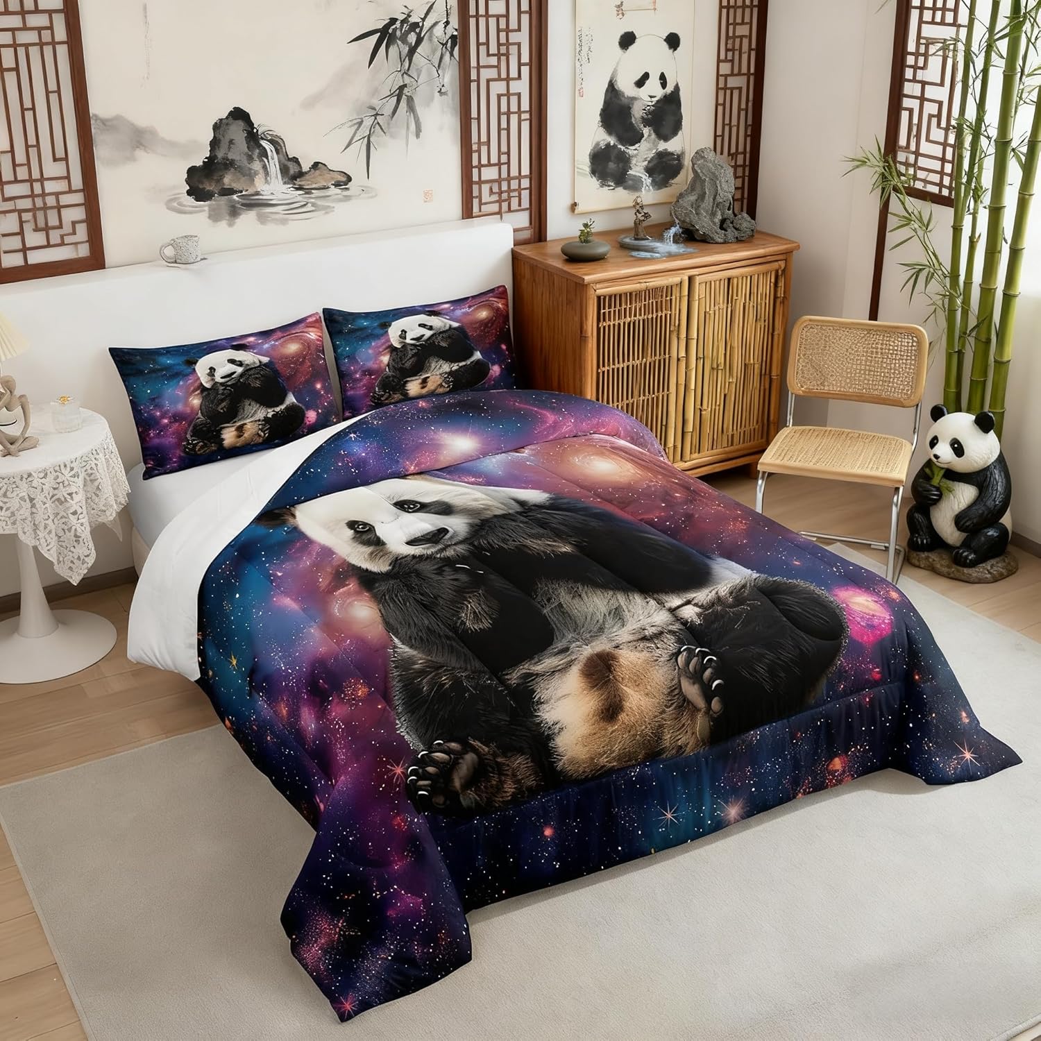 3D Panda Comforter Set Queen Size,Cute Panda Print Bedding Set Kids Young Man,Galaxy Starry Sky Comforter for Teen Child Room Decor,Lovely Animal Theme Quilted Duvet Set with 2 Pillowcase