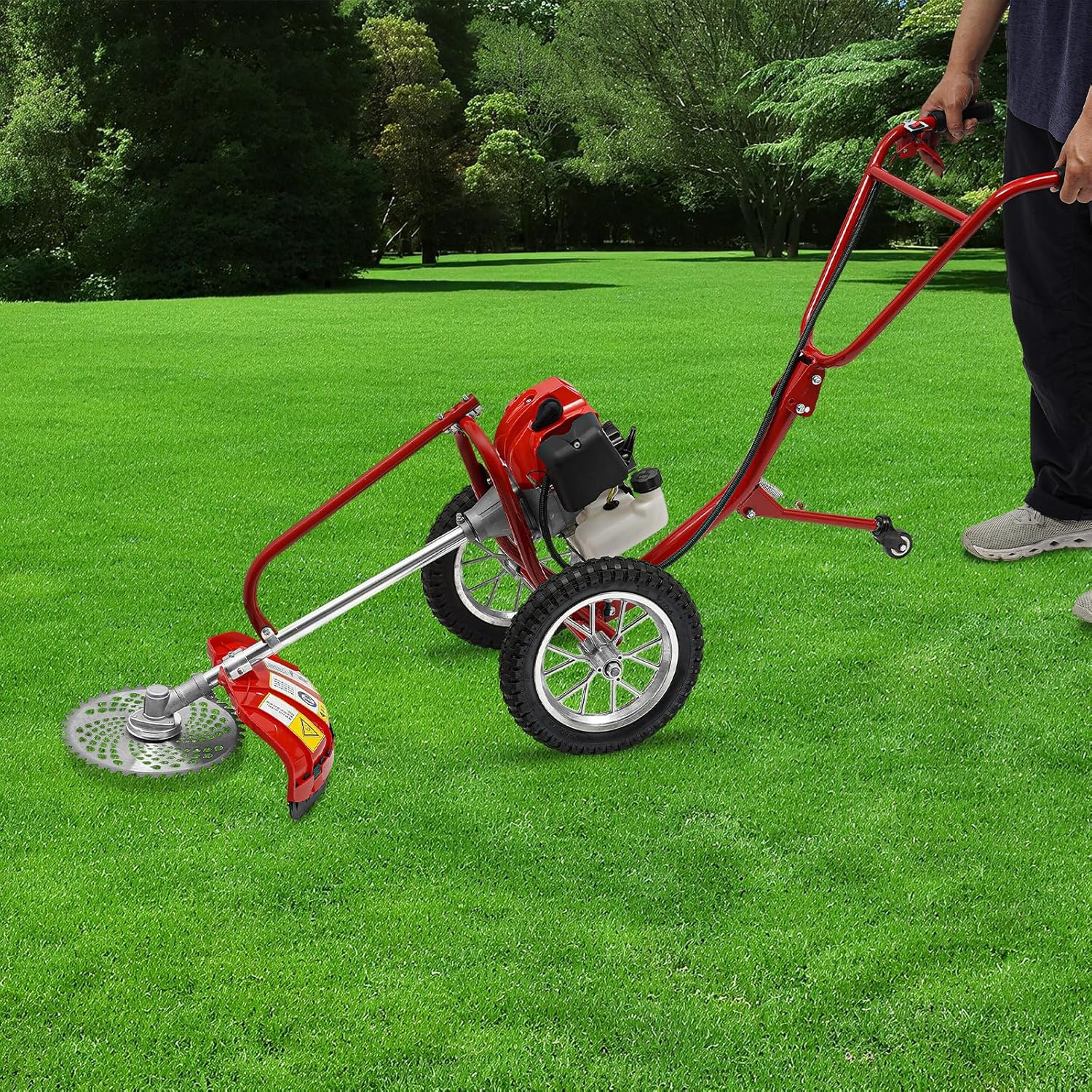 49cc 2 Stroke Hand-Push Weeder, 6500rpm 2 in 1 Lawn Mower with Soil Loosening and Mowing, Gas Powered Machine for Garden Yard Small Farm (Red)