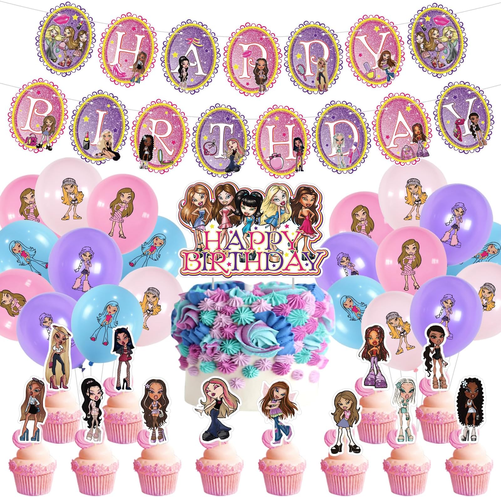 Bratz Kidz Girls birthday party supplies,Bratz party including cake caps,cupcake caps, flags,latex balloons, It is very suitable for boy's and girl themed birthday party supplies.
