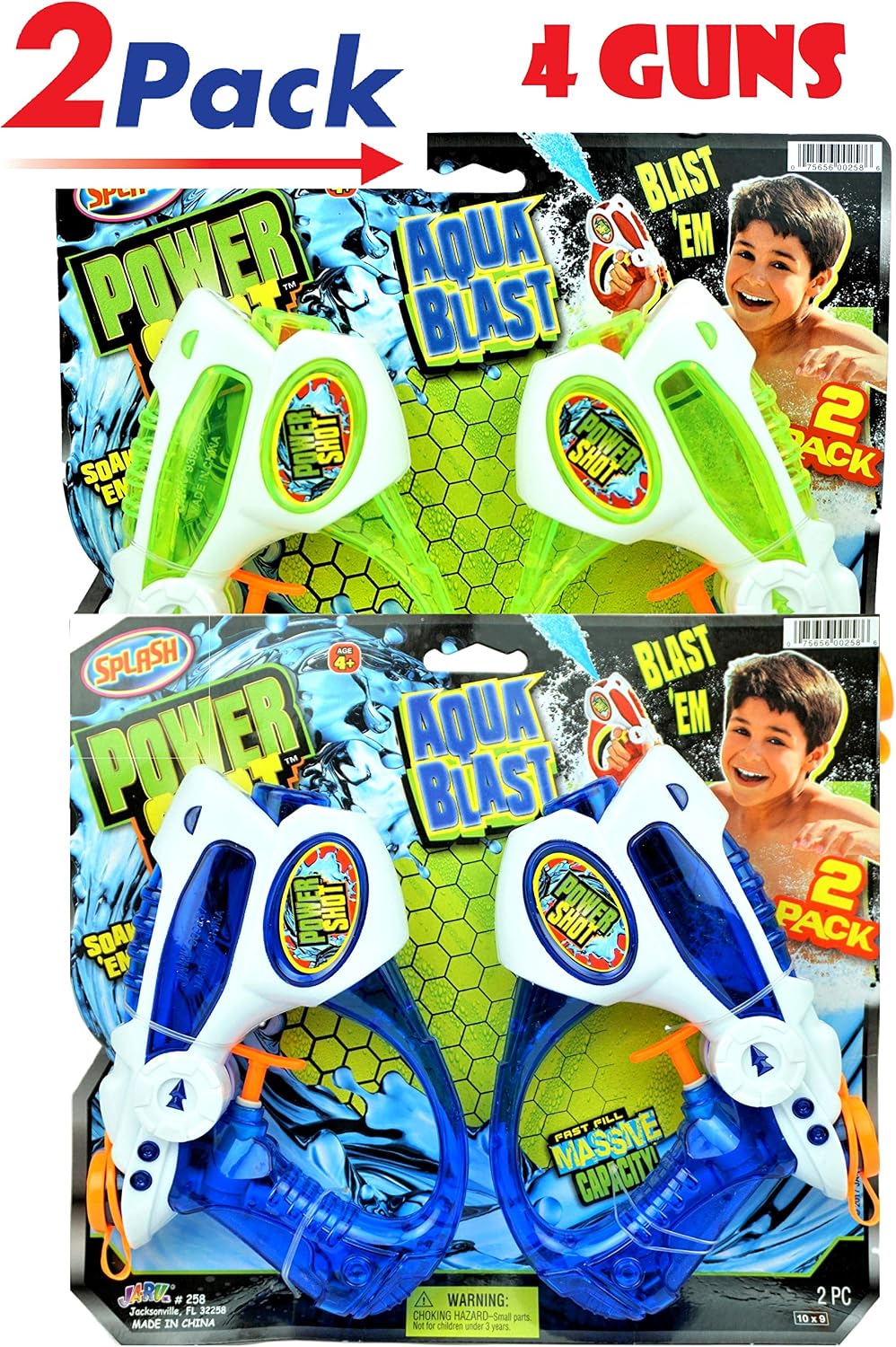 JA-RU Power Shot Water Gun (4 Guns) Aqua Blast | Item #258-2
