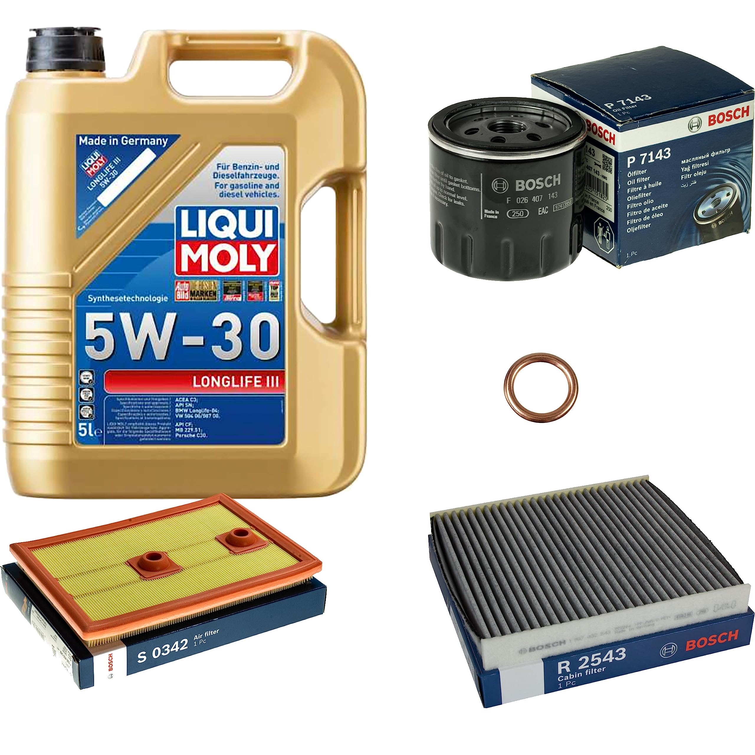 Inspektionspaket Wartungspaket Filterset mit 5 L Motoröl Longlife 3 5W-30, Ölfilter, Luftfilter, Innenraumfilter (Aktivkohle), Dichtring