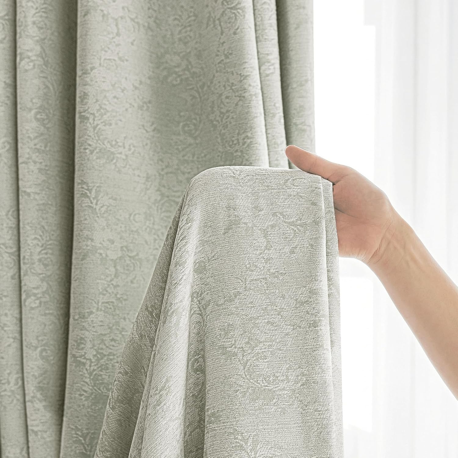 Green Floral Jacquard Blackout Curtains 84 Inches Long for Living Room Bedroom Chenille Flower Room Darkening Thermal Insulated Soundproof Grommet Window Treatments Drapes 2 Panels