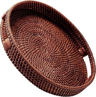 JUNGLE CULTURE Large Rattan Serving Tray 14" in Brown • Round Table Basket • Wicker Ottoman Trays with Handles for Coffee Table, Bed Side or Couch • Flat Circle Woven Tray • Boho Farmhouse Decor