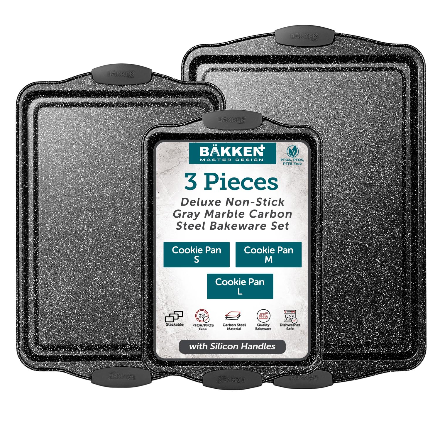 bakken cookie sheets for baking nonstick set - 3-piece stackable carbon steel baking sheet pans set with silicone handles, non toxic cookie sheets for baking bakeware set - gray marble