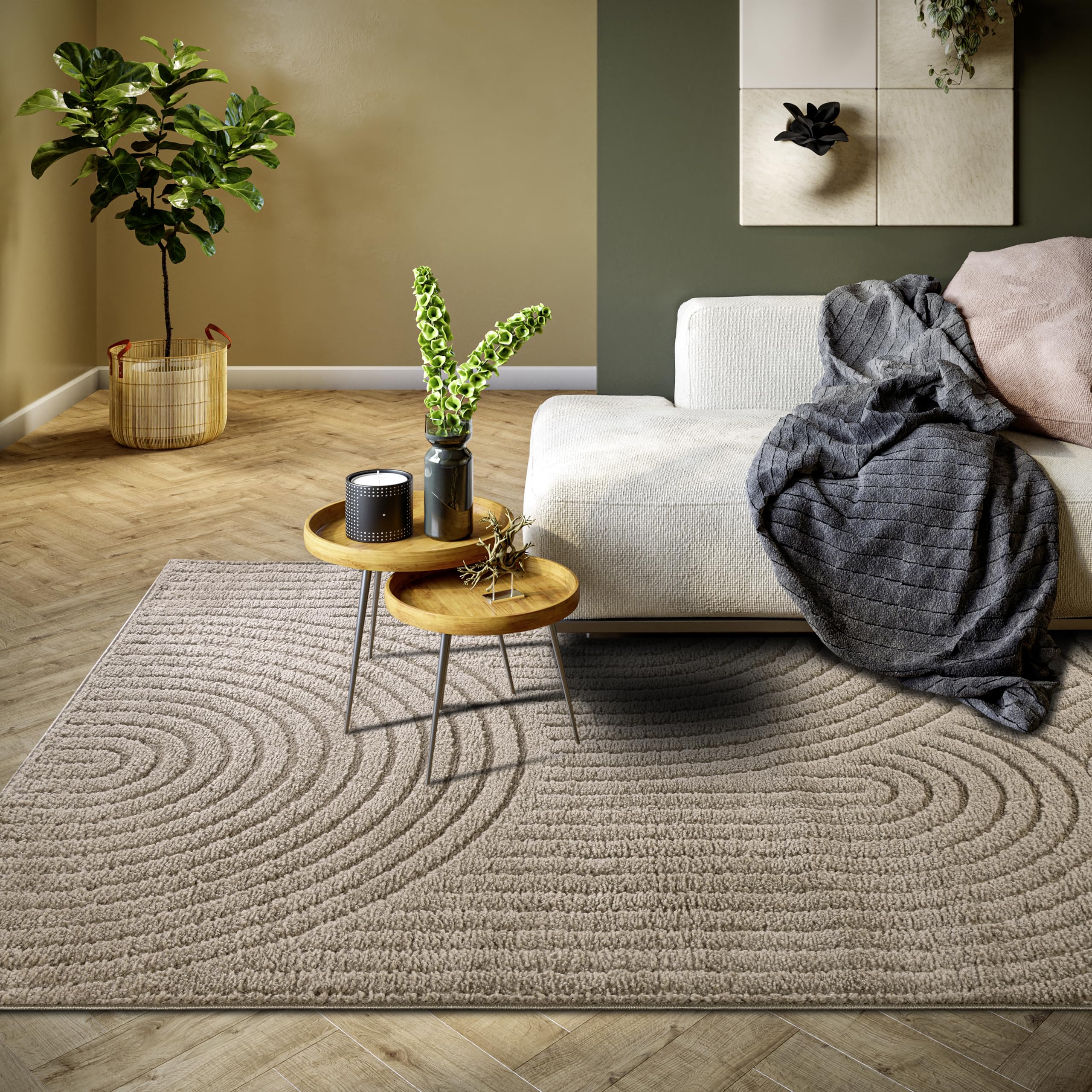 Elle Decoration Panglao Tapis Moderne à Poils Longs – Tapis de Salon Moelleux – Effet très Profond Skandi bohème, Vagues, Arc, pour Salon, Chambre à Coucher, Cuisine, Taupe, 120 x 170 cm