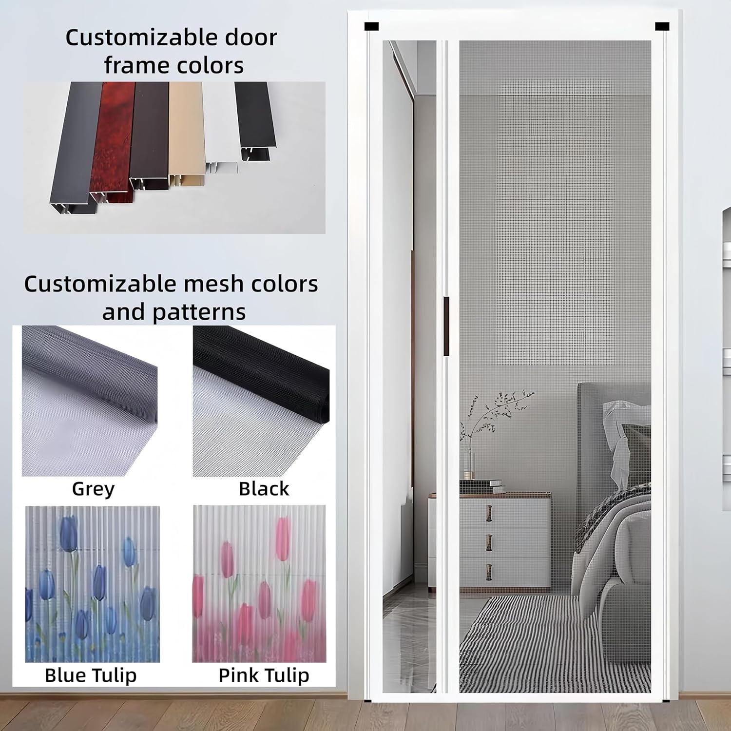 No-Drilling Retractable Sliding Screen Door,Heavy-Duty Aluminum Frame,Invisible Folding Screen Door,for Patio French Front Kitchen Bedroom Doors,Single/Double Door Fit,Customize Size (White Frame)
