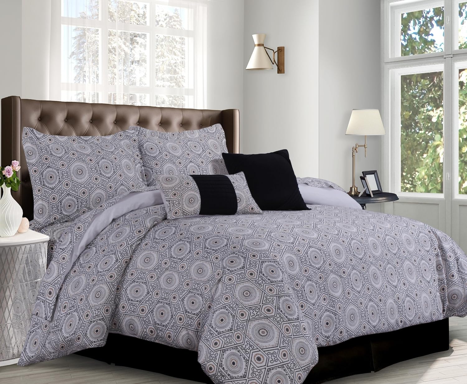 Tribeca Living Maldives 5 Piece Egyptian Cotton Medallion Printed Duvet Cover Set, King, Black/Tan