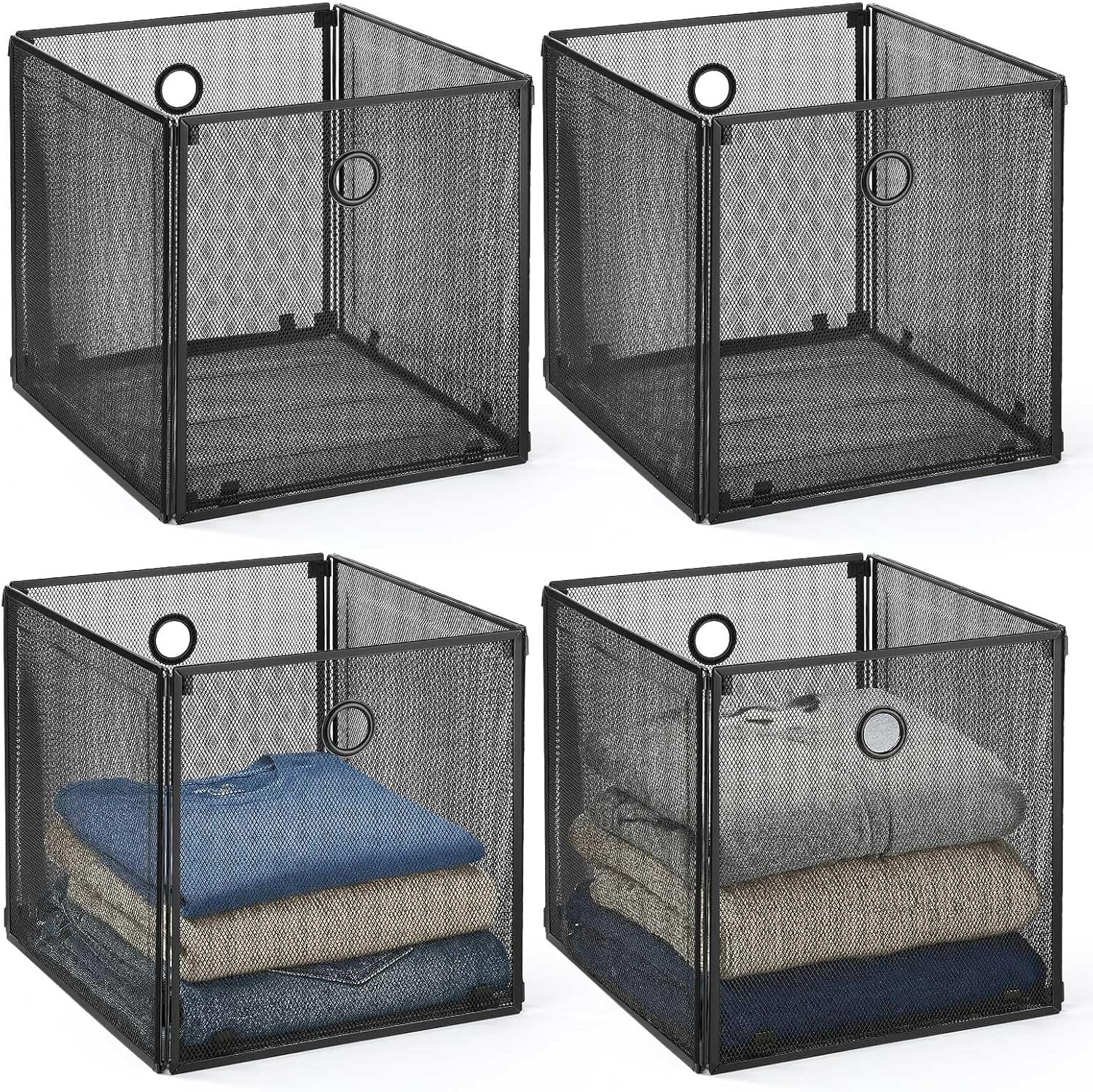 4 Pcs Foldable Metal Cube Storage Baskets 13x13 Inch Wire Bins with Handles for Graduation Gift, College Dorm Moving, First Apartment Organization, Bathroom Pantry Closet (Black)